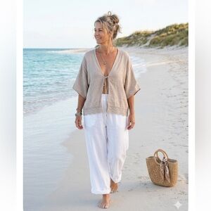 Lara Guidotti Made in Italy Tan Linen Embroidered Kimono